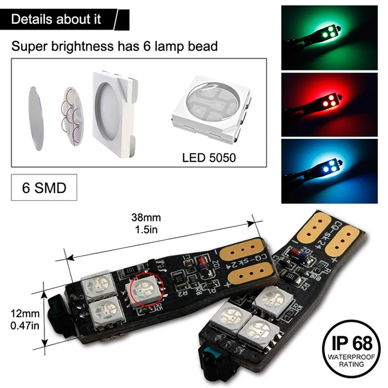 12V Canbus T10 RGB Led Bulbs 5050 6 SMD with Remote Control for Car Interior Light
