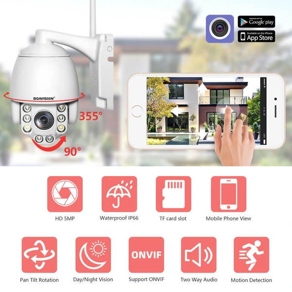 5MP PTZ WiFi Camera, BOAVISION HD Outdoor Wireless IP Camera, Pan Tilt 5X Optical Zoom, Two Way Audio, 196ft Full Color Night Vision, Dome Security Camera CamHi Onvif Protocol
