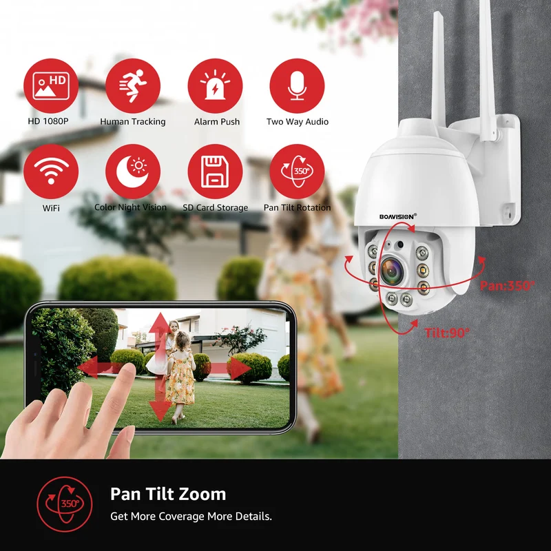 BOAVISION Security Cameras Wireless Outdoor,Home Security Surveillance Camera System,360° View WiFi 1080P Pan Tilt,Floodlight Color Night Vision,Motion Detection Tracking,2 Way Talk,SD Card Storage