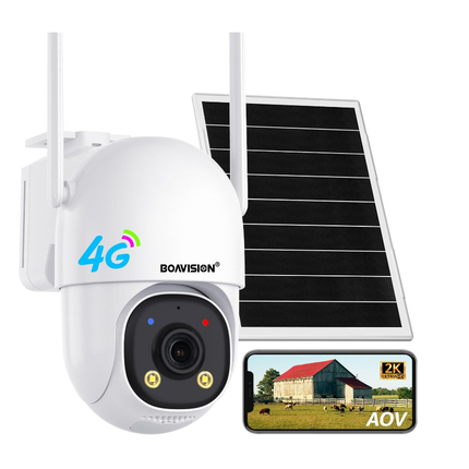 BOAVISION Auto Tracking AOV 4G LTE Cellular Security Camera Solar Powered, No WiFi Security Camera Wireless Outdoor, 24/7 Recording, 2 Way Talk, 360° PTZ, 2K Color Night Vision