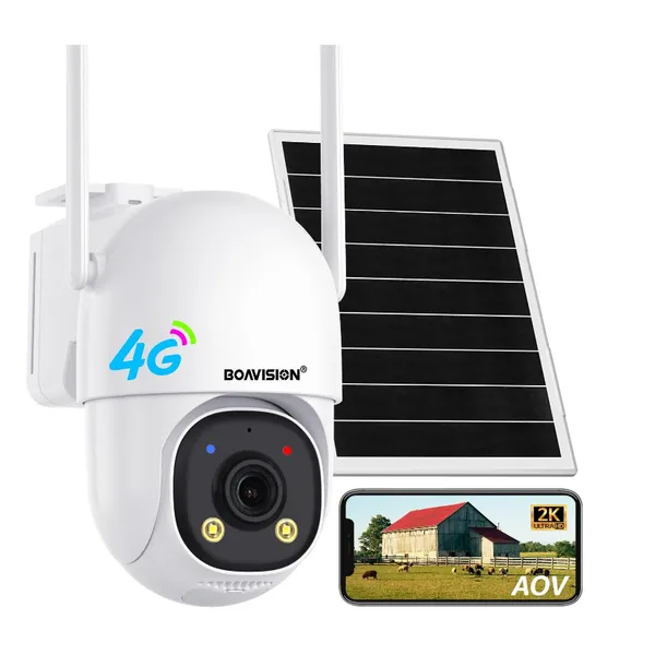 BOAVISION Auto Tracking AOV 4G LTE Cellular Security Camera Solar Powered, No WiFi Security Camera Wireless Outdoor, 24/7 Recording, 2 Way Talk, 360° PTZ, 2K Color Night Vision