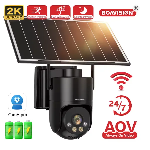 2K 3MP AOV (Always On Video) WIFI Camera Outdoor PTZ Build in Battery Solar Powered Color Night Vision Wireless Security Camera