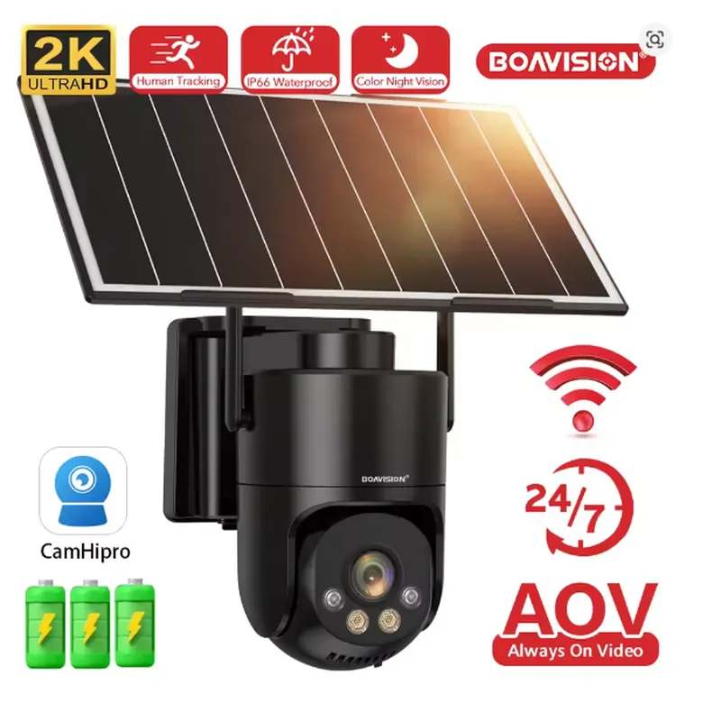 2K 3MP AOV (Always On Video) WIFI Camera Outdoor PTZ Build in Battery Solar Powered Color Night Vision Wireless Security Camera
