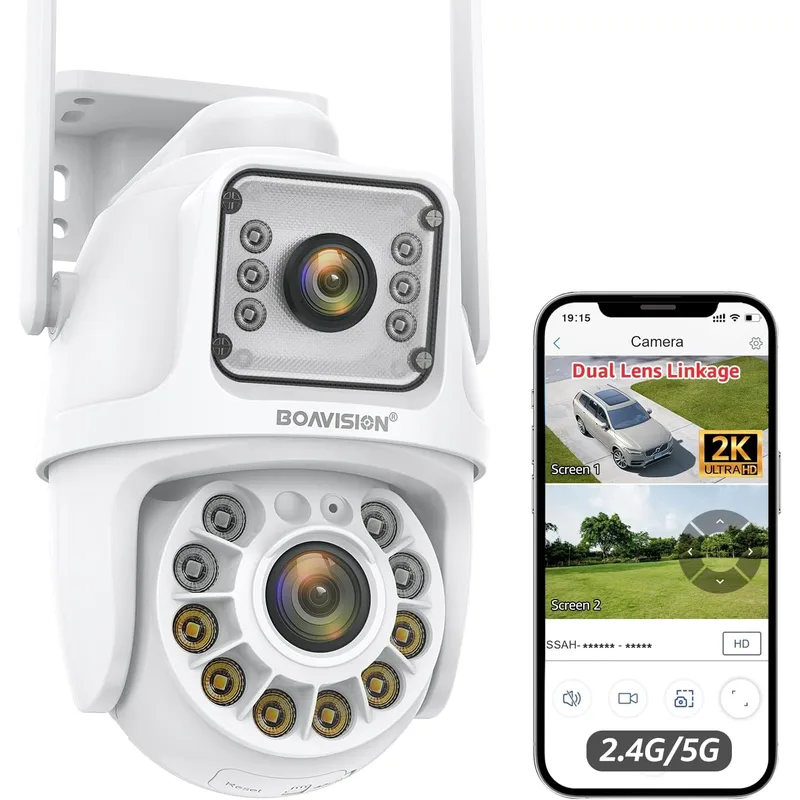 BOAVISION 5G/2.4G WiFi Outdoor Security Camera, Wireless PTZ Dual Lens, 360° View, AI Human Tracking, Color Night Vision, 24/7 Recording, Two-Way Audio, Cloud & SD Card Storage