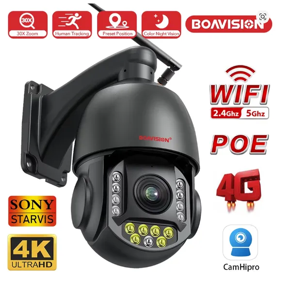 4K 8MP Surveillance Camera WIFI / 4G SIM Card / POE 30X Zoom PTZ AI Humanoid Tracking IR 100M Outdoor Speed Dome Security Camera