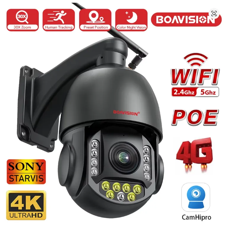 4K 8MP Surveillance Camera WIFI / 4G SIM Card / POE 30X Zoom PTZ AI Humanoid Tracking IR 100M Outdoor Speed Dome Security Camera