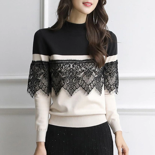 Women's mock neck pullover linking with Lace