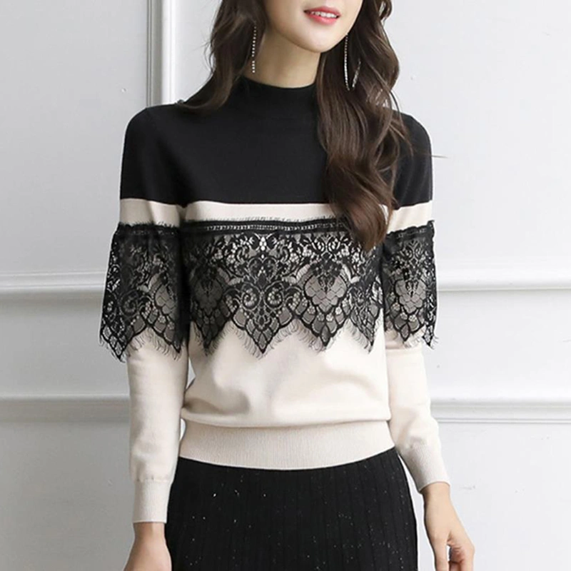 Women's mock neck pullover linking with Lace