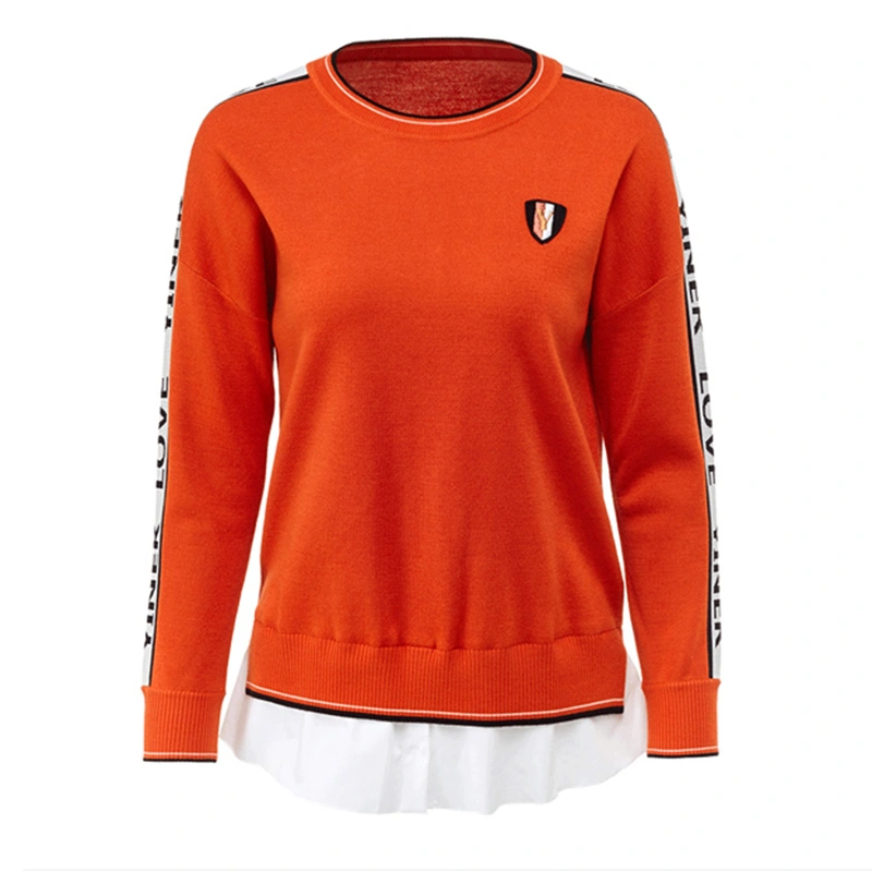 Ladies Knitted Pullover with Woven Cloth Hem