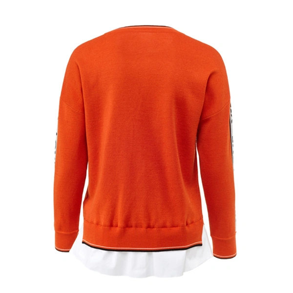 Ladies Knitted Pullover with Woven Cloth Hem