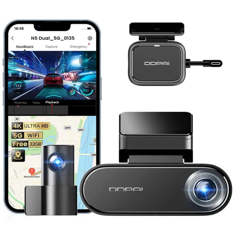 DDPAI N5 Dual: 4K Front & Interior Dash Cam with NightVIS Technology, Super Capacitor, All-Weather Reliability, 24H Parking Surveillance & GPS Tracking