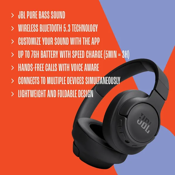 JBL Tune 720BT Wireless Over-Ear Headphones – 76H Playtime, 40mm Pure Bass & Bluetooth 5.3