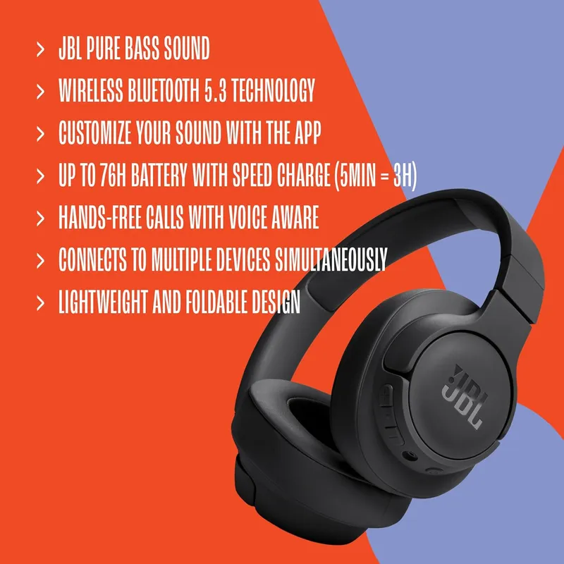 JBL Tune 720BT Wireless Over-Ear Headphones – 76H Playtime, 40mm Pure Bass & Bluetooth 5.3