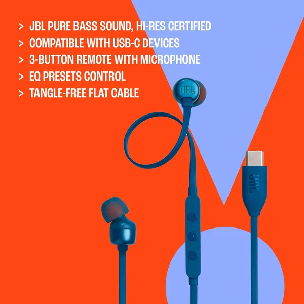 JBL Tune 310C USB‑C Wired Earbuds – Hi‑Res Audio, 9mm Pure Bass, 3‑Button EQ & Tangle‑Free Flat Cable