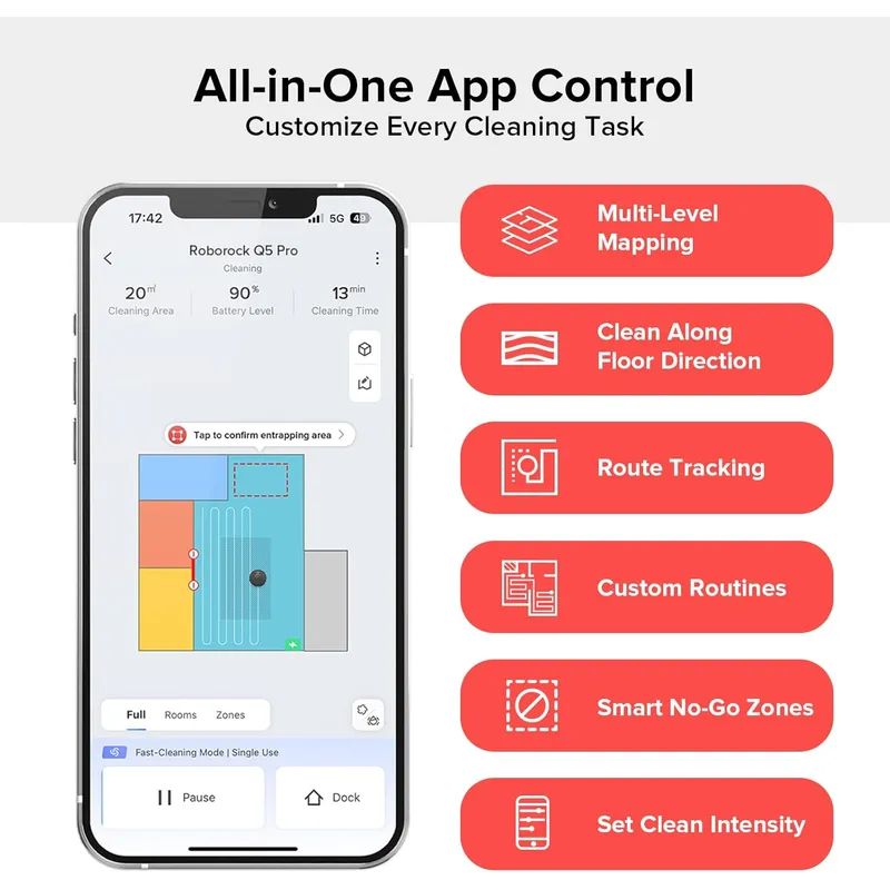 Roborock Q5 Pro: 5500Pa Suction Robot Vacuum Mop with DuoRoller Brush & PreciSense LiDAR Navigation