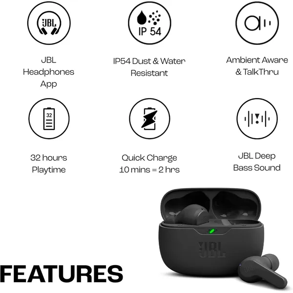 JBL Wave Beam True Wireless Earbuds – 32H Playtime, 8mm Deep Bass, IP54 & Smart Ambient Technology
