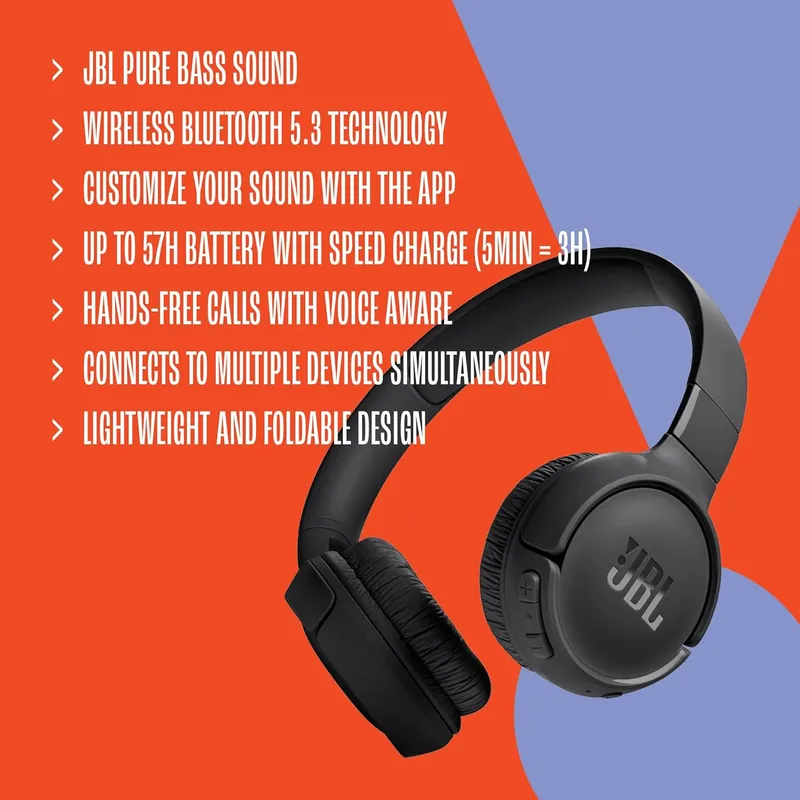 JBL Tune 520BT Wireless On-Ear Headphones – 57H Playtime, 32mm Pure Bass, Bluetooth 5.3 & Voice Aware