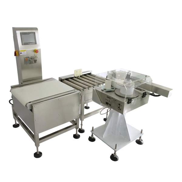 cân kiểm tra trọng lượng bánh mì với máy dò kim loại máy dán nhãn cân in thời gian thực