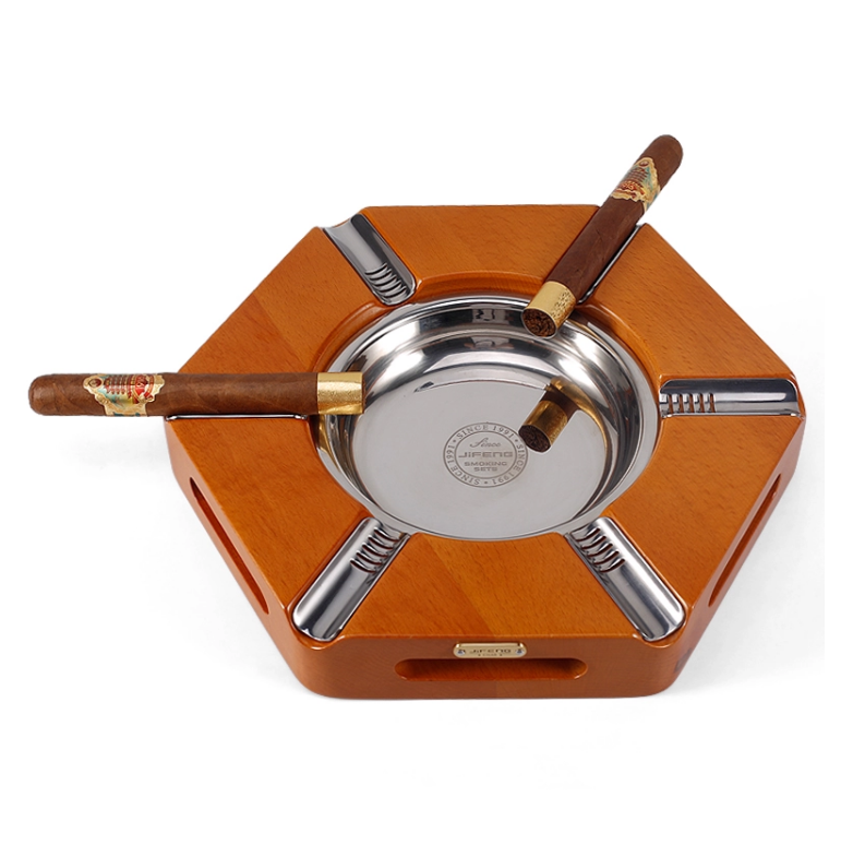 luxury stainless steel metal beech wood hexagon silver cigar ashtray