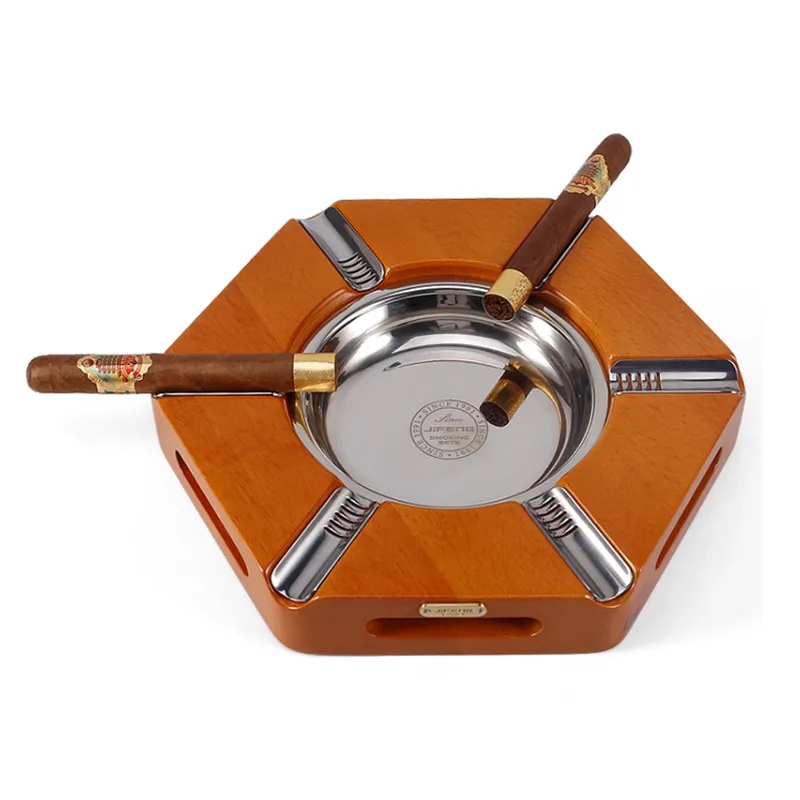  luxury stainless steel metal beech wood hexagon silver cigar ashtray 