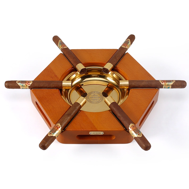 high quality boutique gold hexagon metal wood luxury 6 cigars ashtray for party