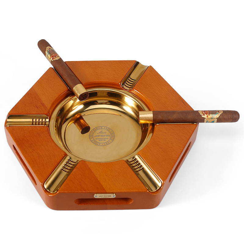 high quality boutique gold hexagon metal wood luxury 6 cigars ashtray