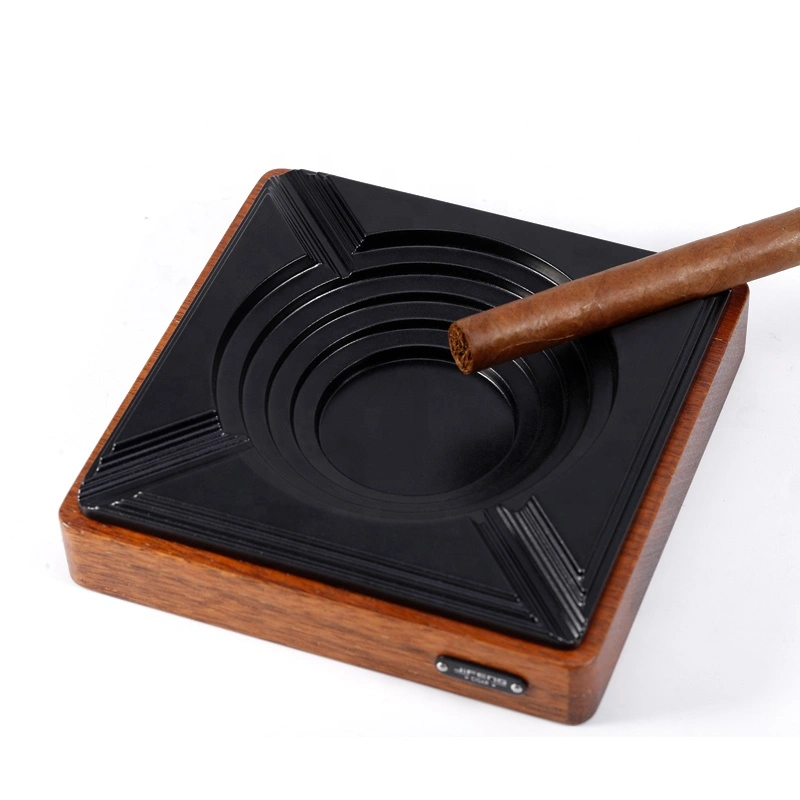  special cigar design custom aluminum alloy metal and Merbau beech wood big square ashtray