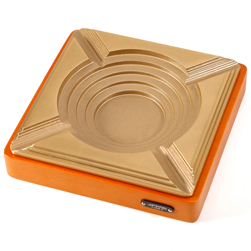  luxury style thread design zinc alloy metal customized Merbau wood bottom square cigar ashtray