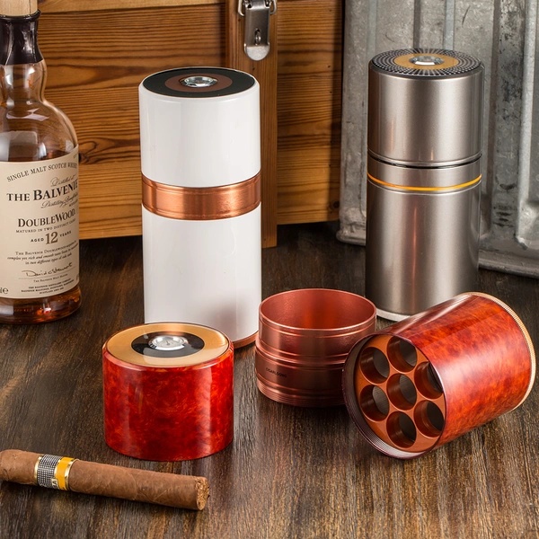 JF-050 D9*H20cm 800g JIFENG manufacturer 7cigars yellow silver Aluminium metal travel Cigar can cigar tube humidor hygrometer