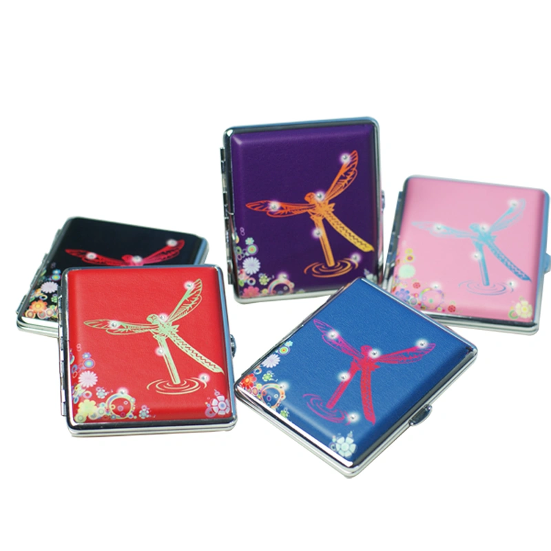 metal cigarette case frame pu printing design with crystal stone dragonfly 