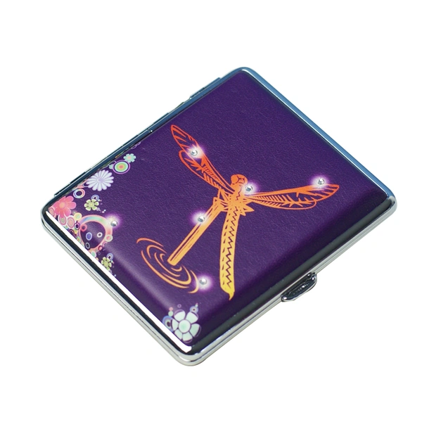 metal cigarette case frame pu printing design with crystal stone dragonfly 