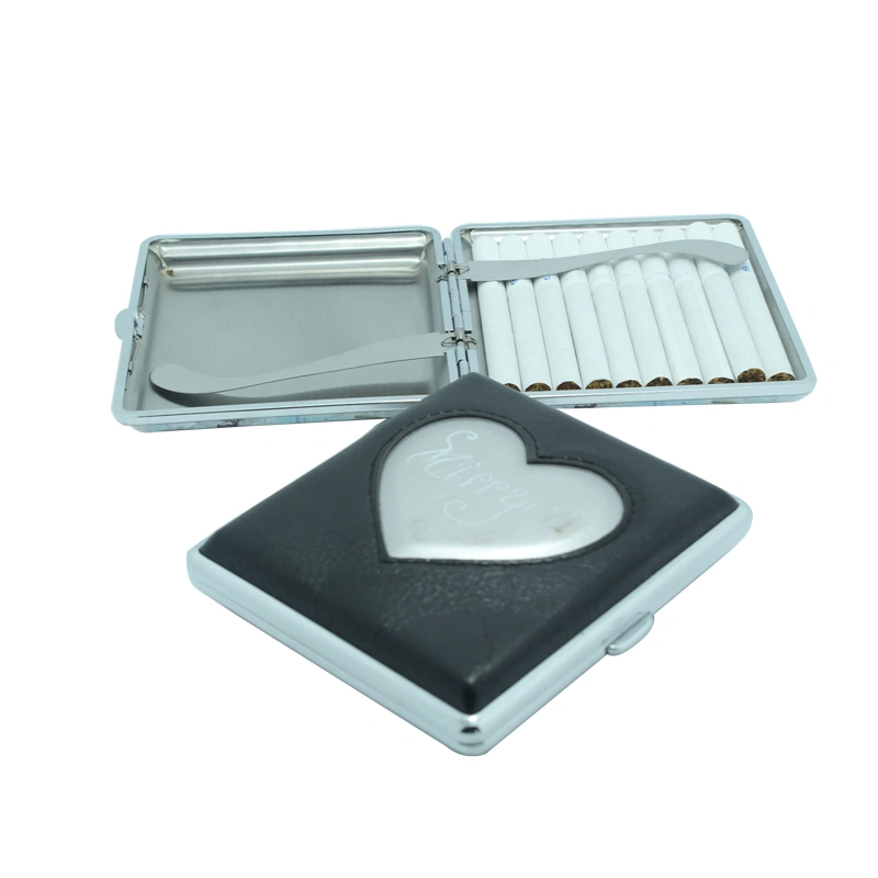 Heart shape metal cigarette case Pu leather holder box 