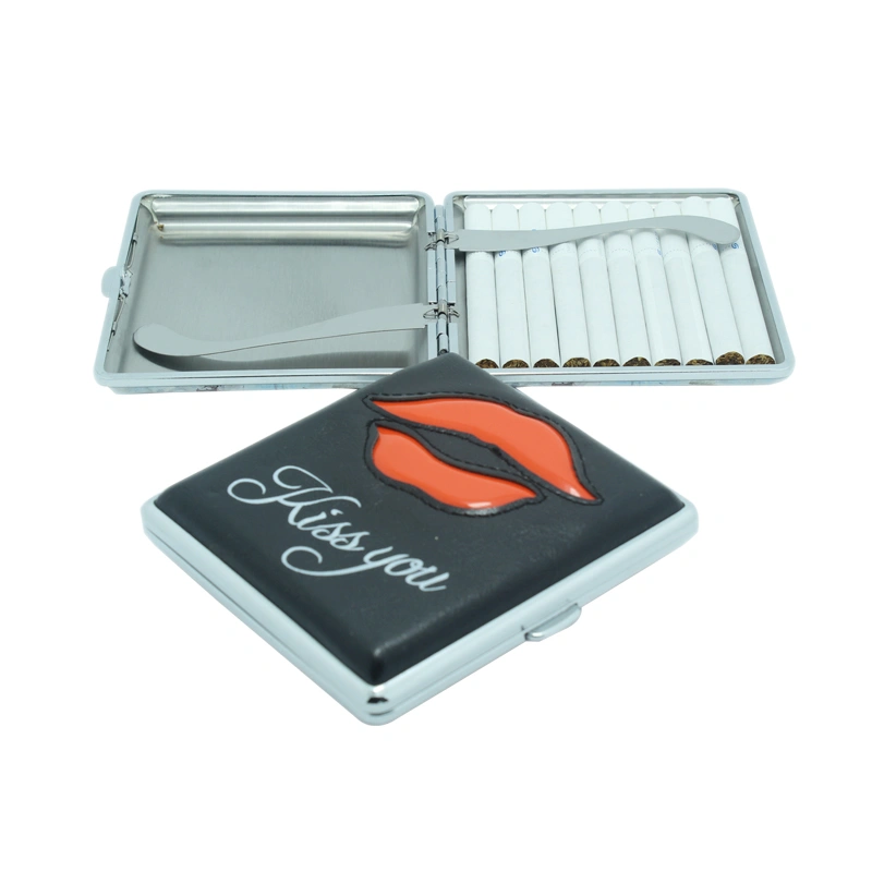 Kiss you metal cigarette case with Red pu lip shape.